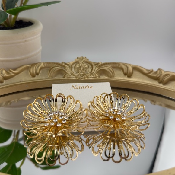 Statement Gold Flower Earrings with Cubic Zirconia – Bold Bloom Design - Picture 8 of 10